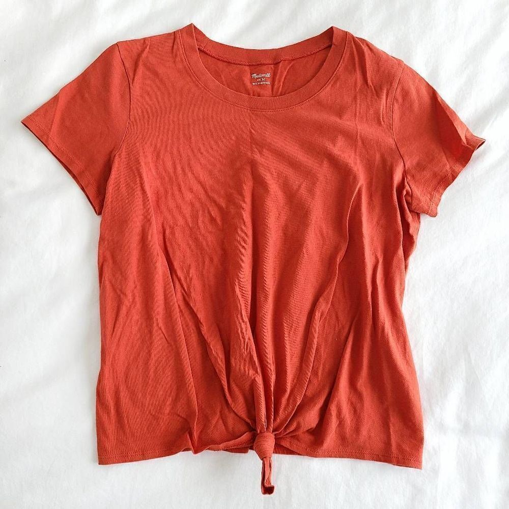 Madewell Womens Cotton Round Neck Short Sleeve Tie Front Tee Orange Medium NWT